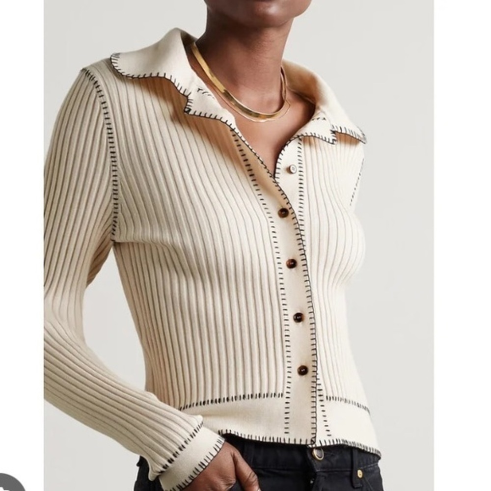 Khaite the Teagan Cream Ribbed Button-Up ribbed wool blend Cardigan sweater